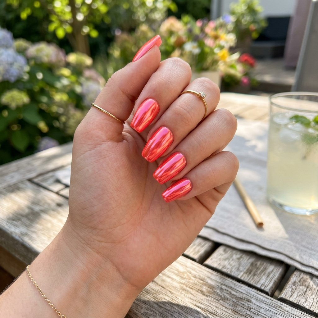 Hot Coral Chrome Short Coffin Nails