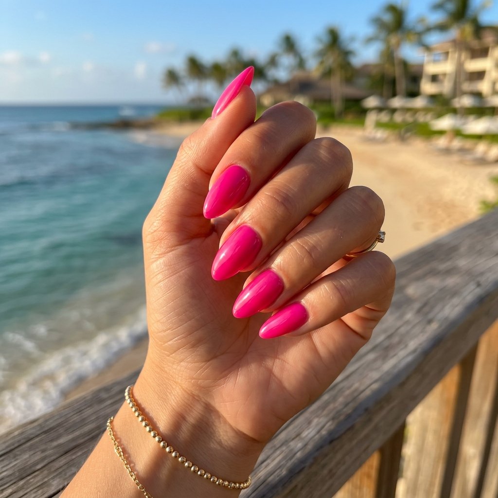 Vivid Hot Pink Glazed Almond Nails