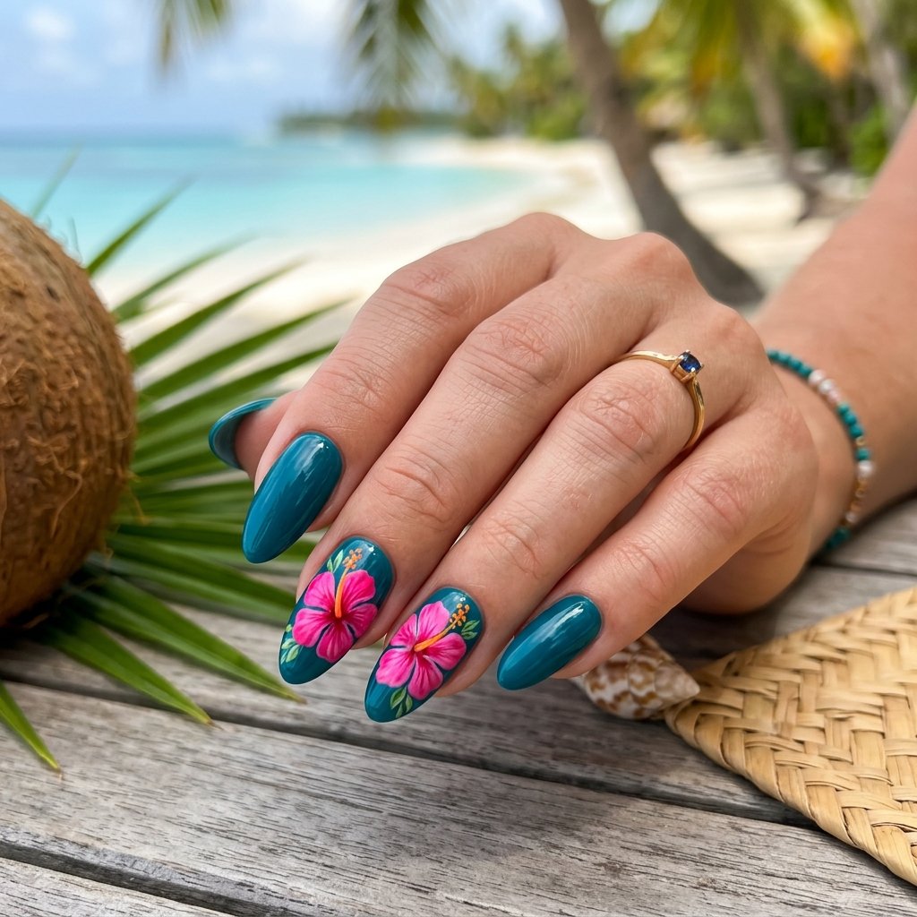 Hot Pink Hibiscus on Deep Teal Base