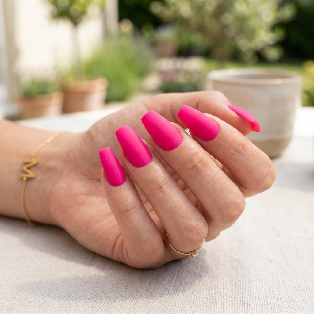 Hot Pink Matte Short Coffin Nails
