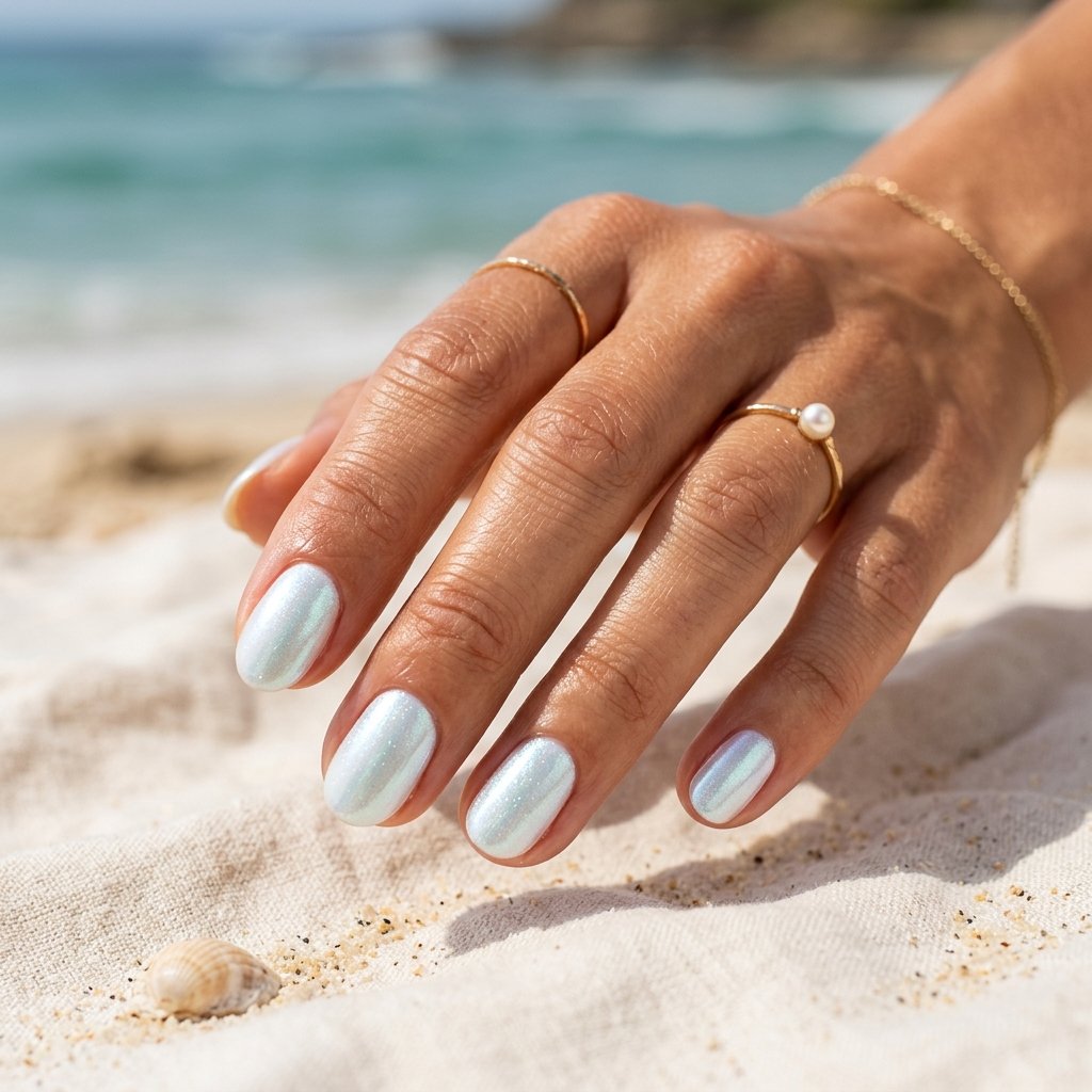 Iridescent White Glaze Short Oval Nails