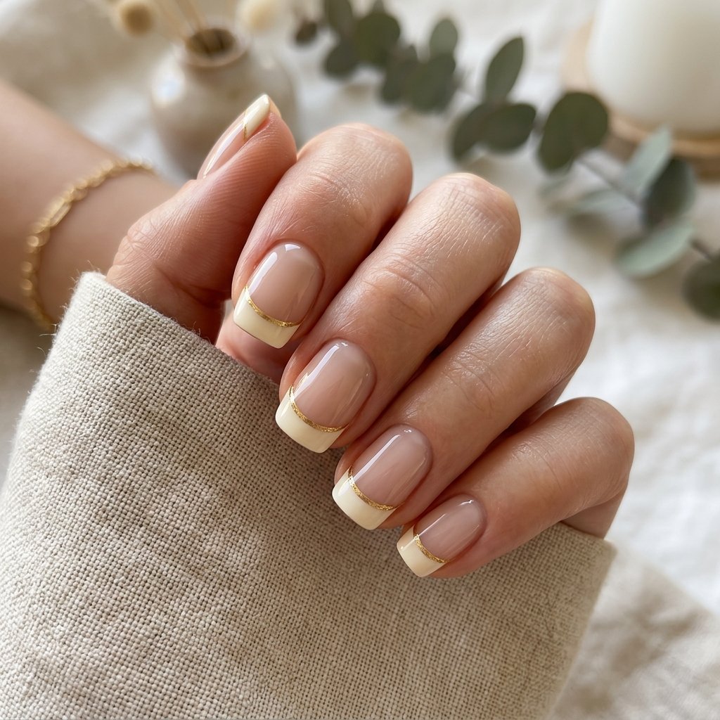 Warm Ivory French Tips with Gold Separation Line