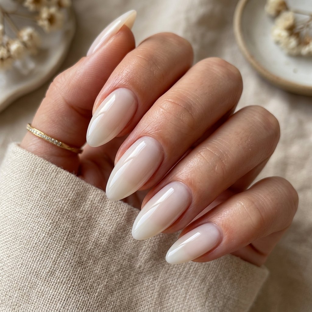 Milky White Glazed Almond Nails
