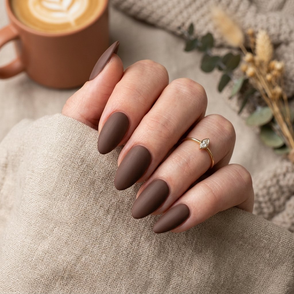 Deep Mushroom Brown Matte Almond Nails
