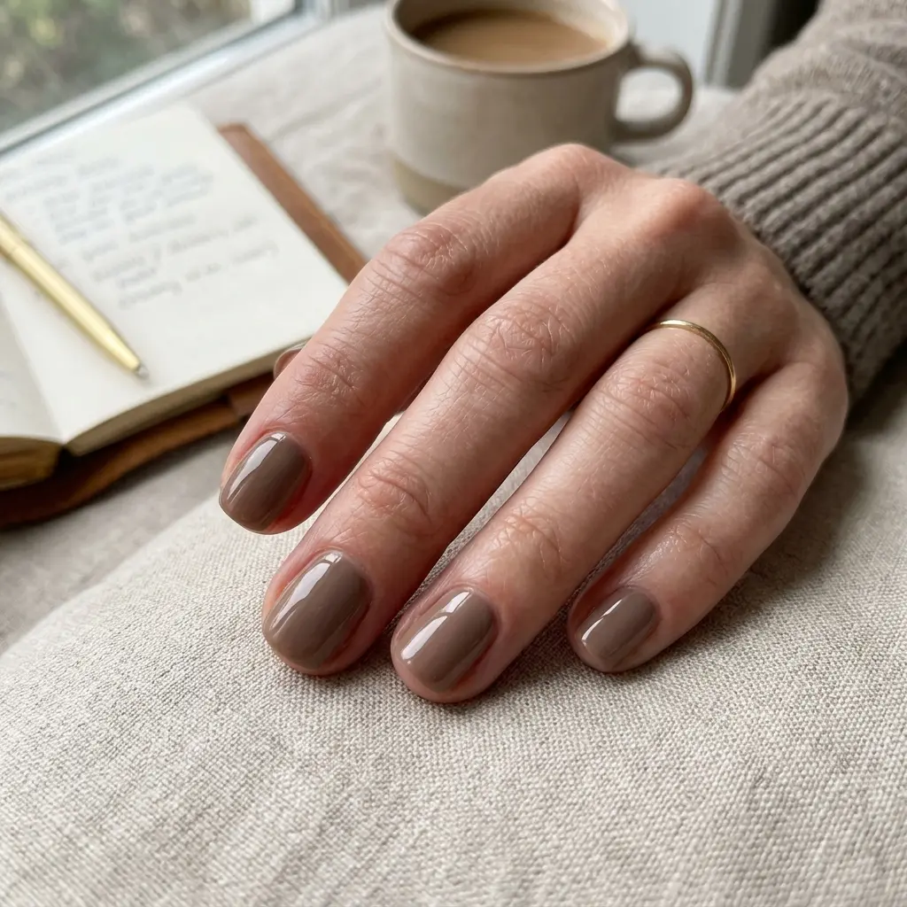 19 August Teacher Nails That Look Professional, Polished, and Chic 14 Warm Mushroom Taupe Glossy Short Nails