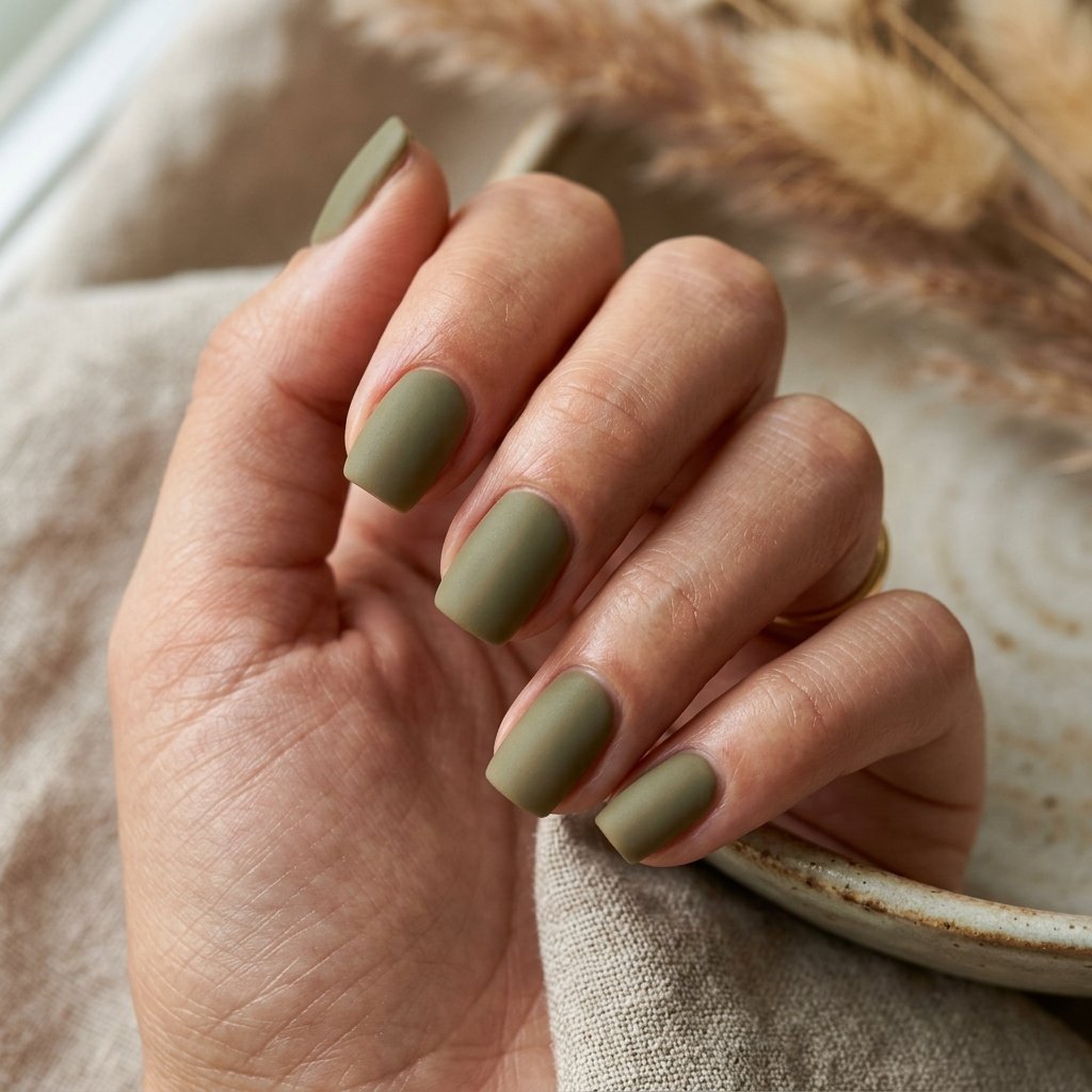 Muted Olive Matte Short Square Nails