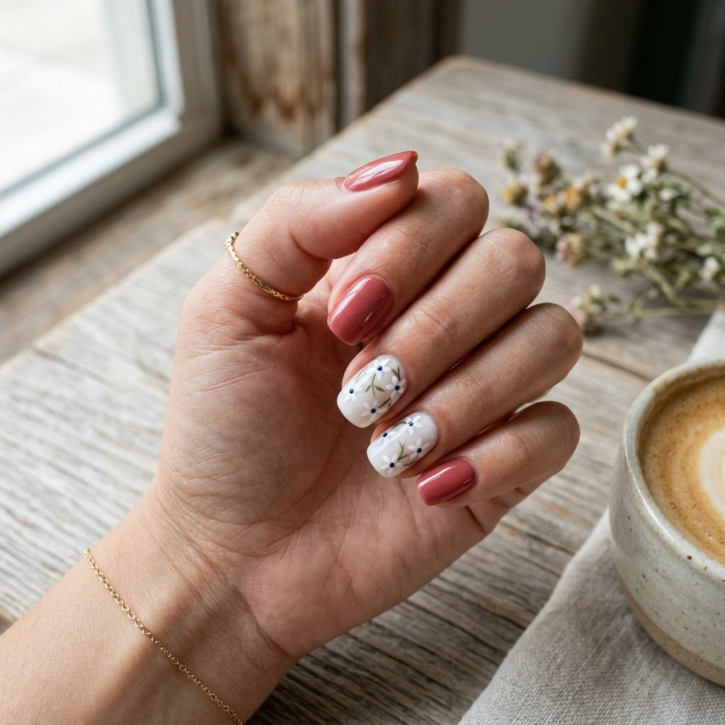 Muted Red and White Star Flower Nails