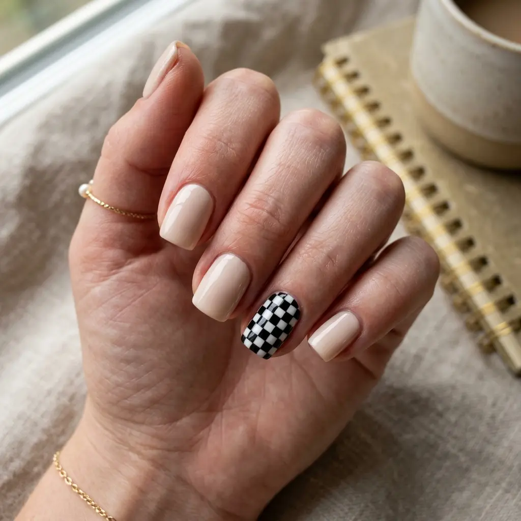 Short Square Nails with Tiny Checkerboard Accent