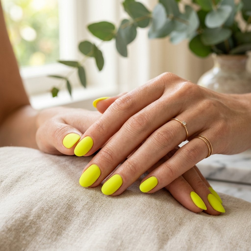 Neon Yellow Matte Short Oval Nails