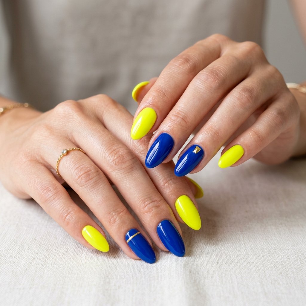 Neon Yellow with Cobalt Blue Accent Nails