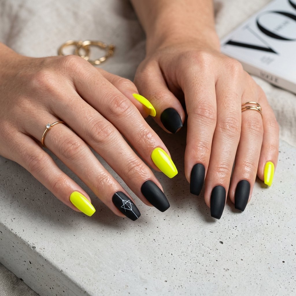Neon Yellow and Black Color Block Nails