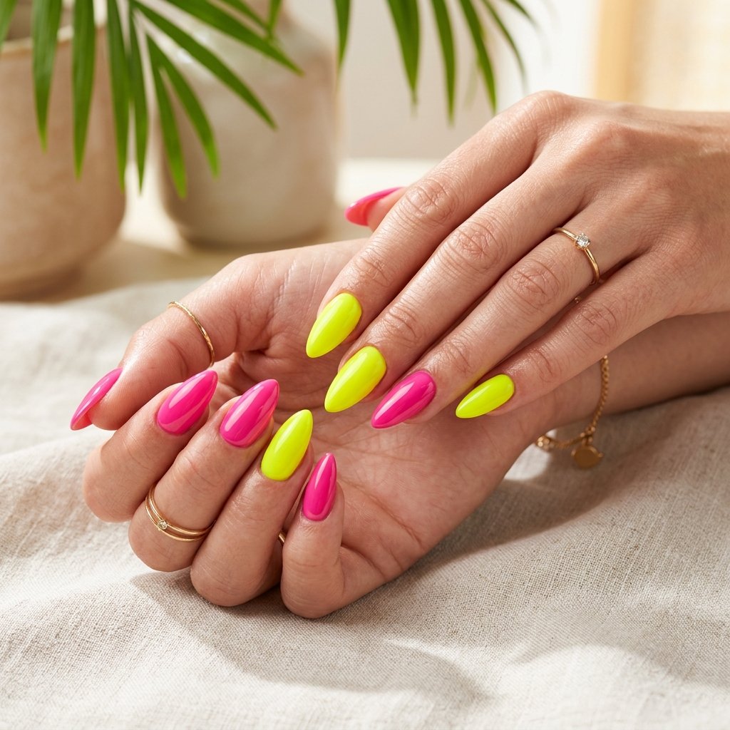 Neon Yellow and Hot Pink Color Block Nails