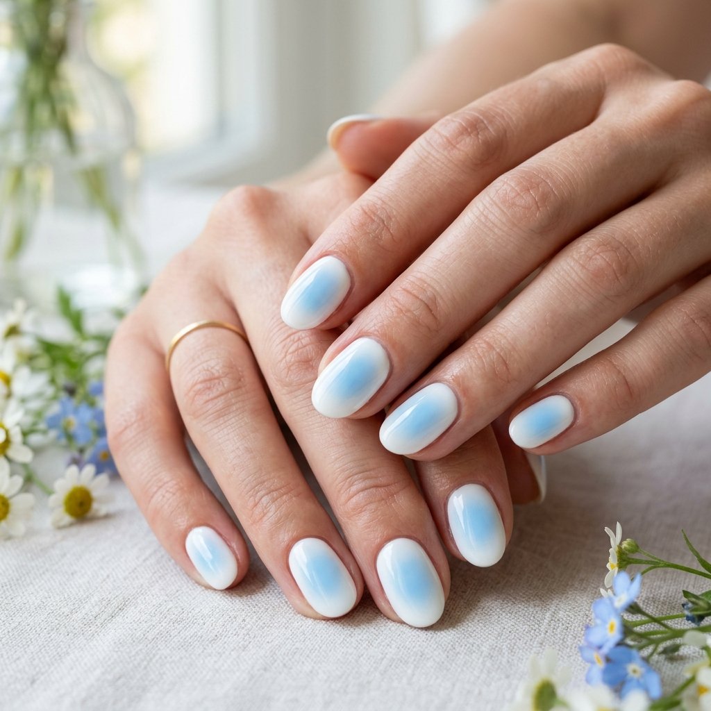Blue Sky Aura on White Glossy Nails
