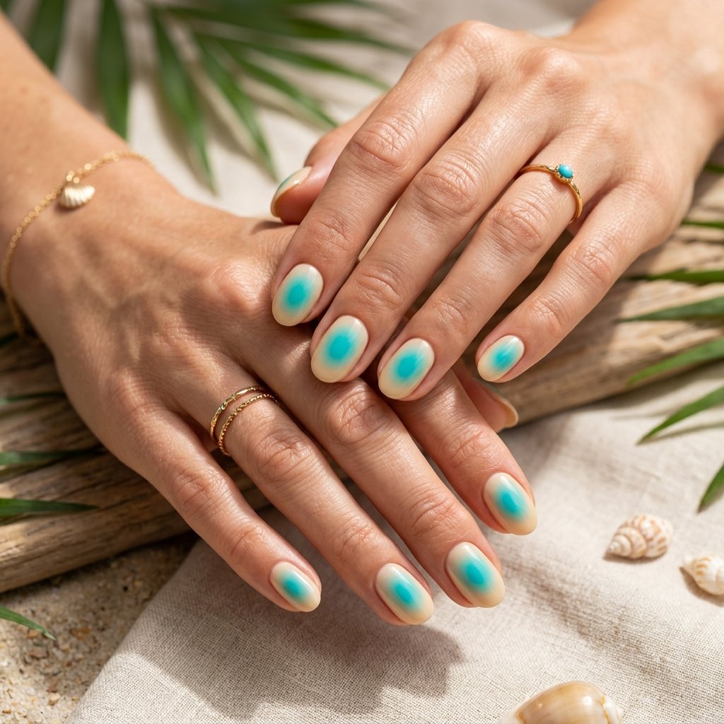 Turquoise Aura on Cream Glossy Nails