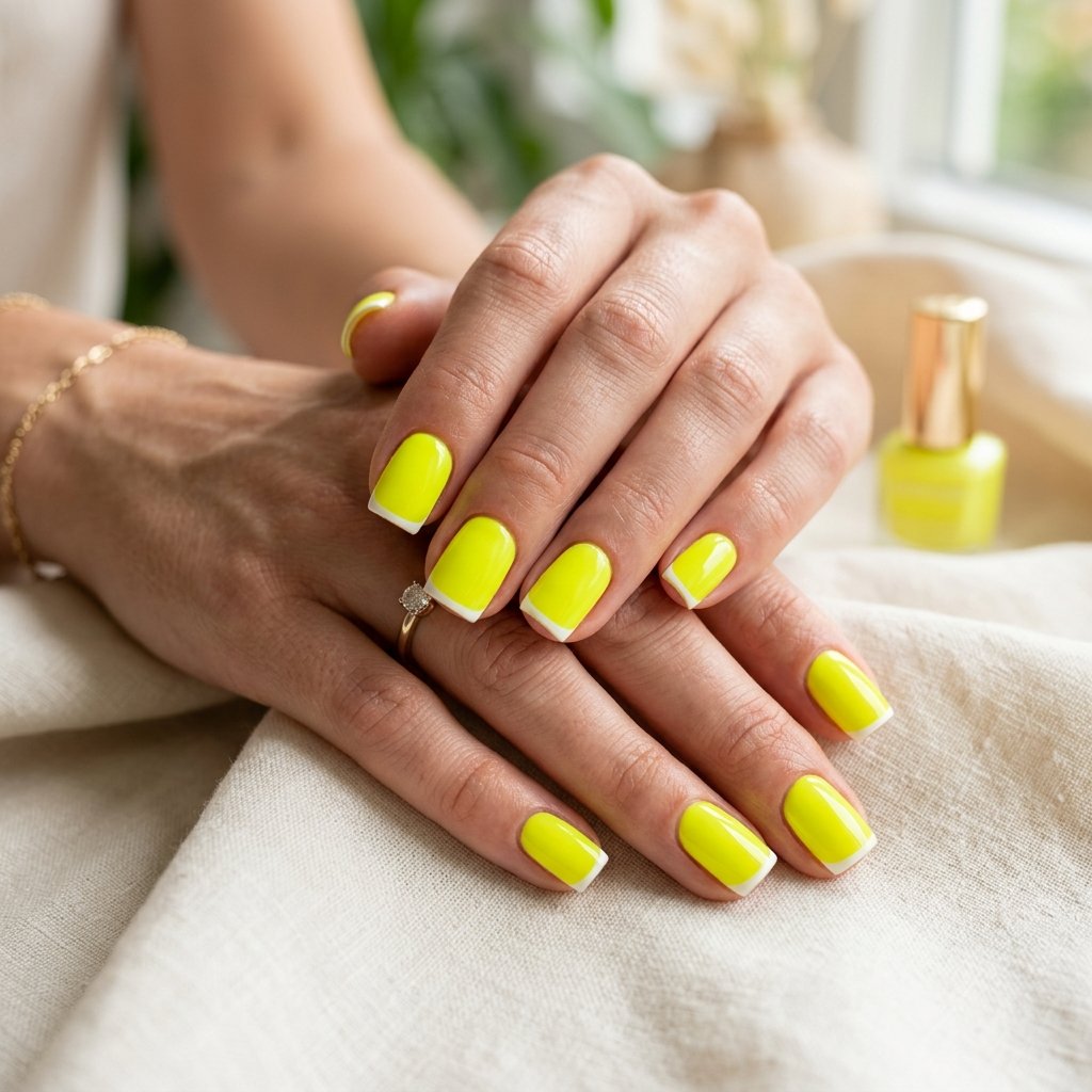 Neon Yellow Short Square Nails with White Tip Line