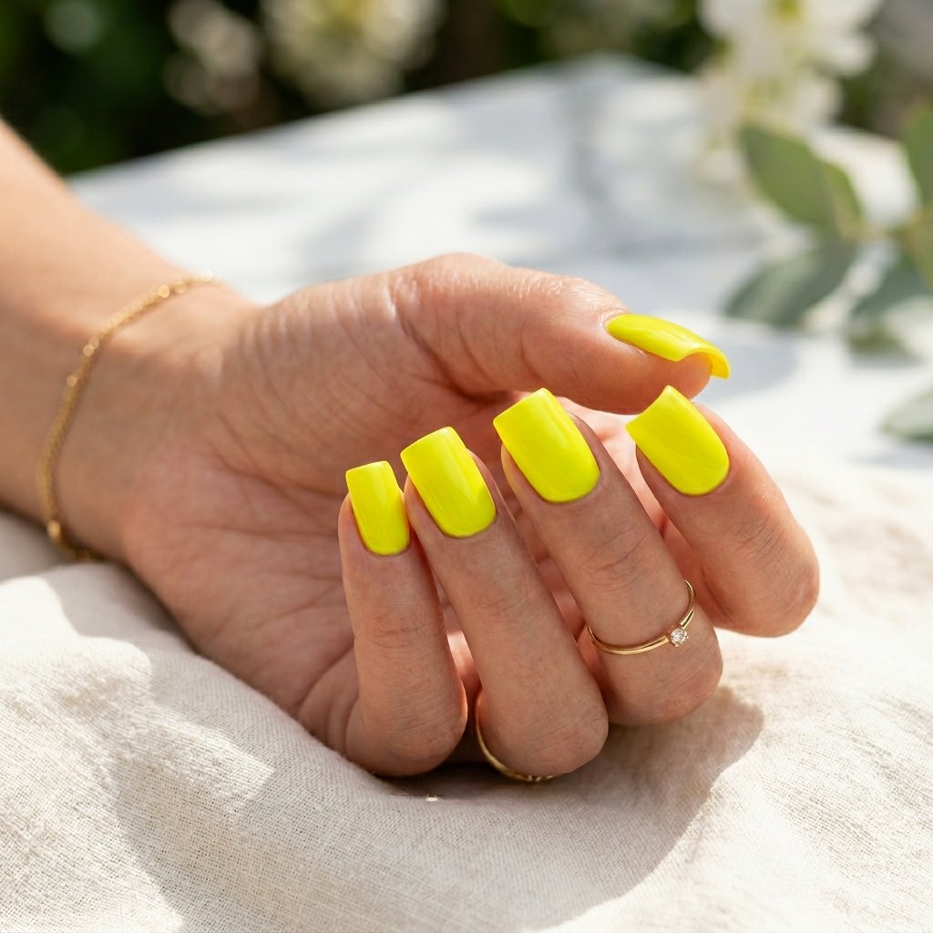 Classic Neon Yellow Glossy Square Nails