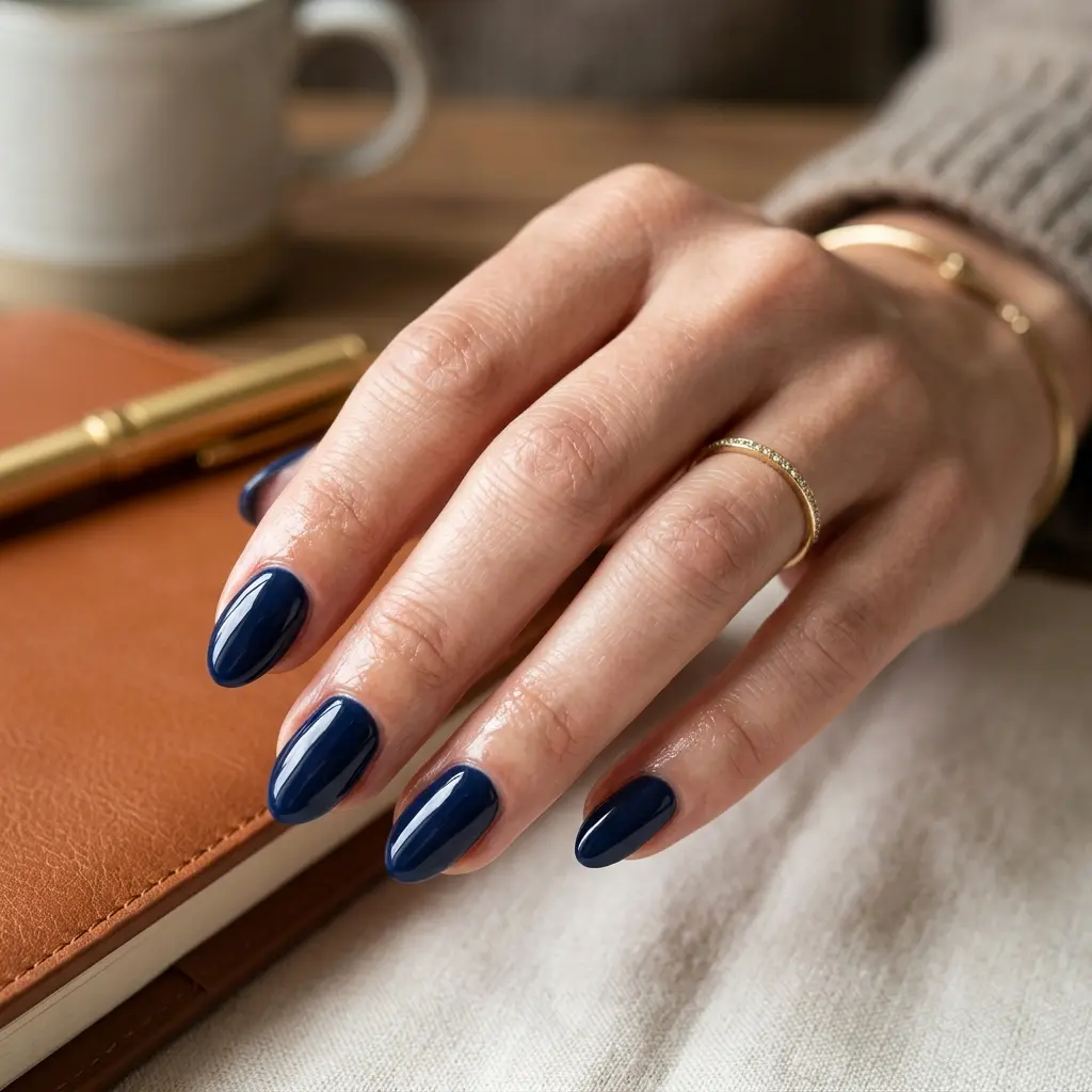 Deep Navy Glossy Short Almond Nails