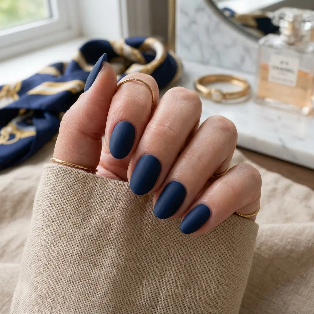 Deep Navy Matte Short Almond Nails
