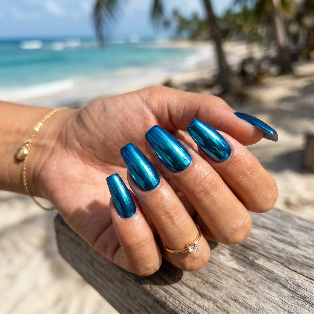 Ocean Blue Chrome Coffin Nails