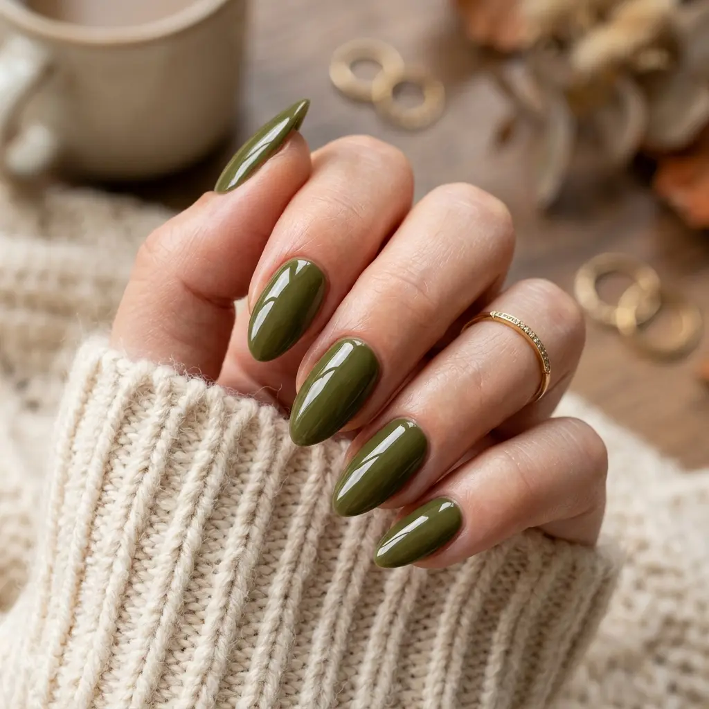 23 Early Fall August Nails You'll Want to Wear Before Everyone Else 6 Olive Green Glossy Nails