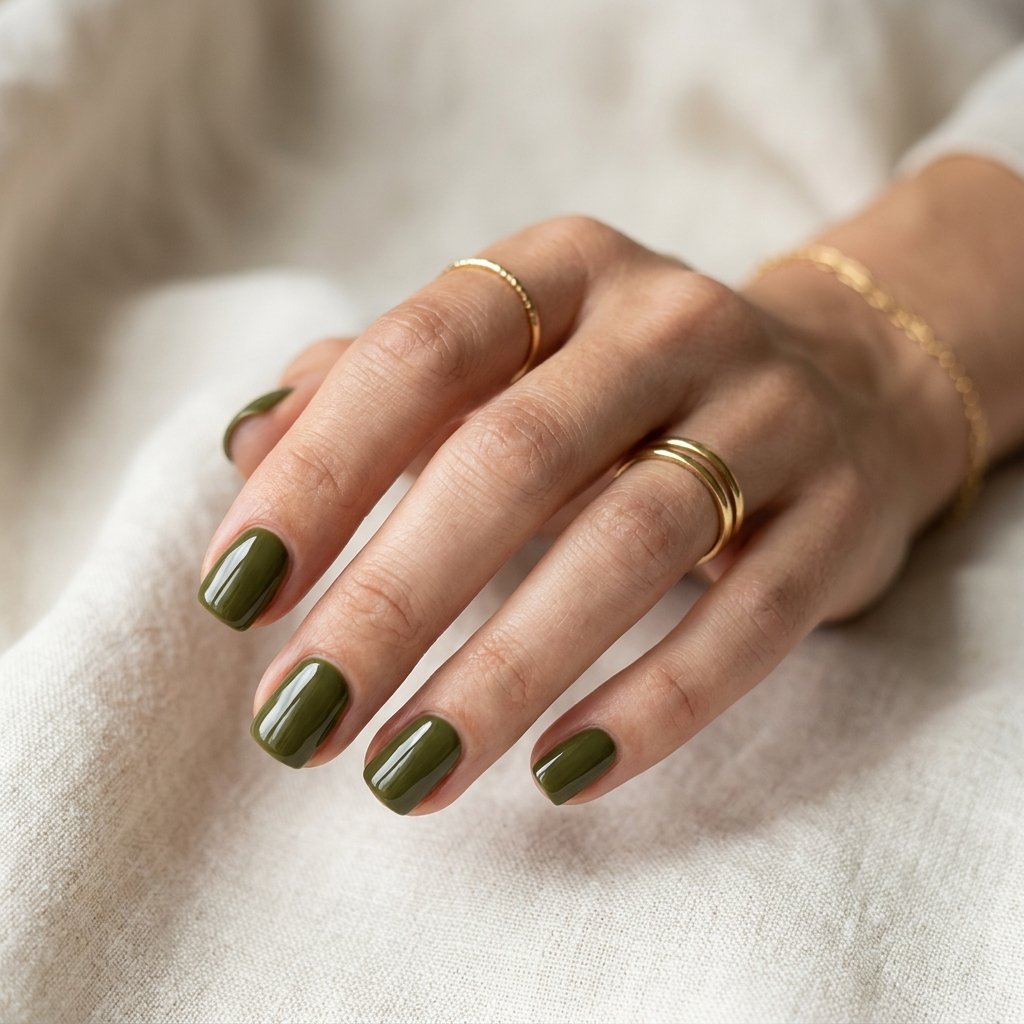 Olive Green Glossy Nails