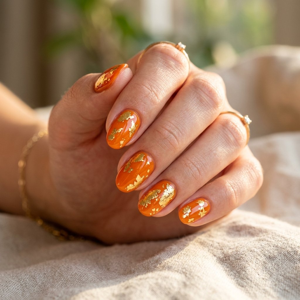 Orange And Gold Foil Nails