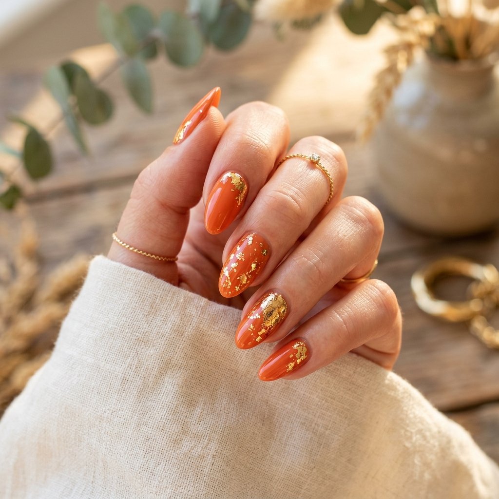 Orange And Gold Foil Nails
