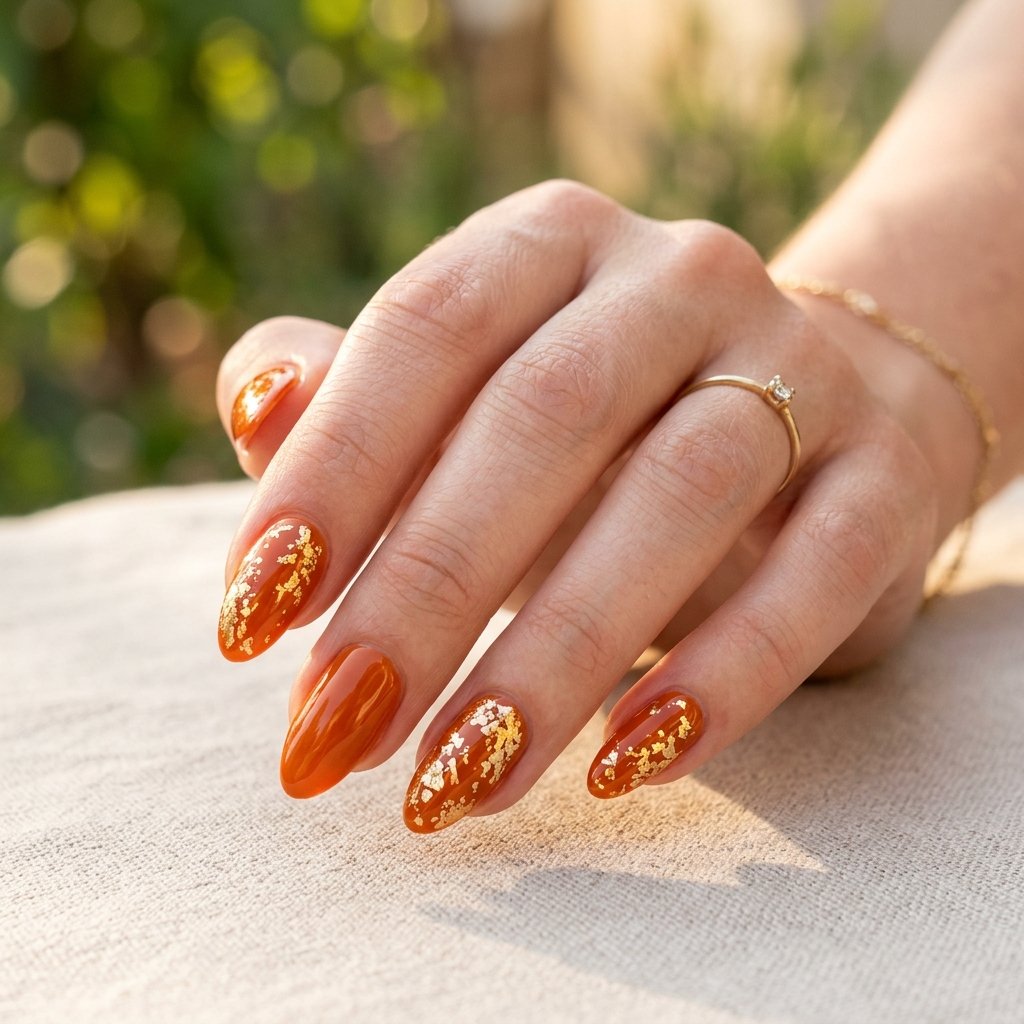 Orange And Gold Foil Nails