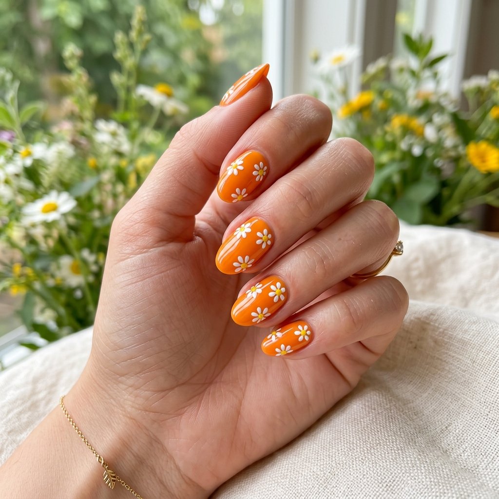 Orange Daisy Nails