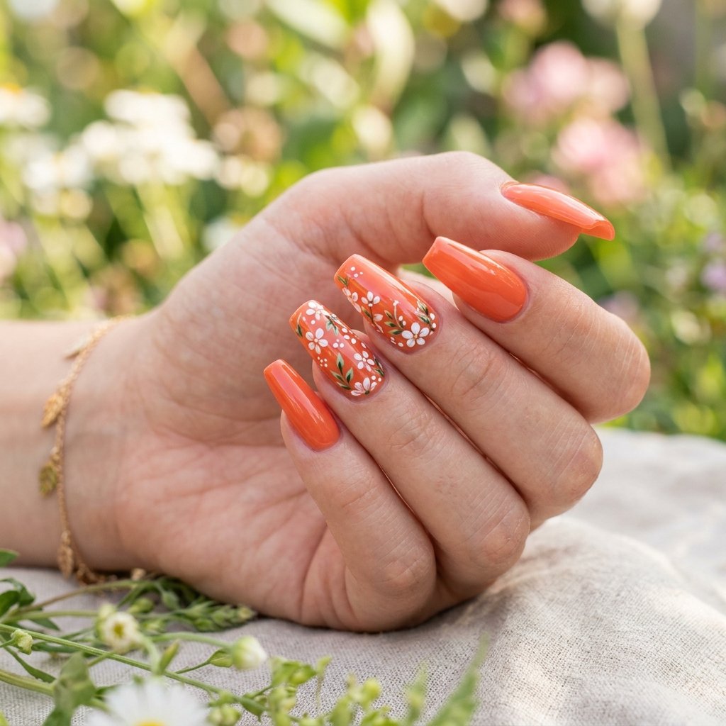 Orange Floral Nails