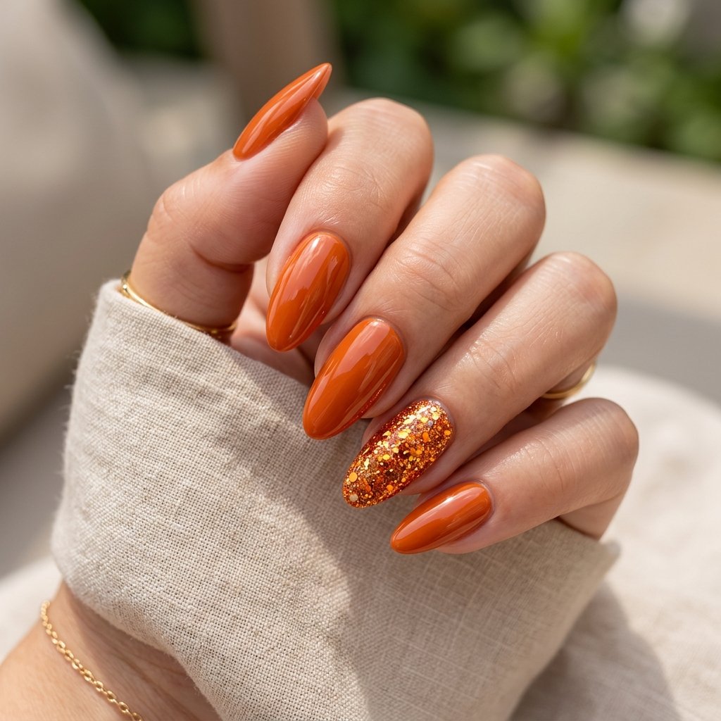 Orange Glitter Accent Nails