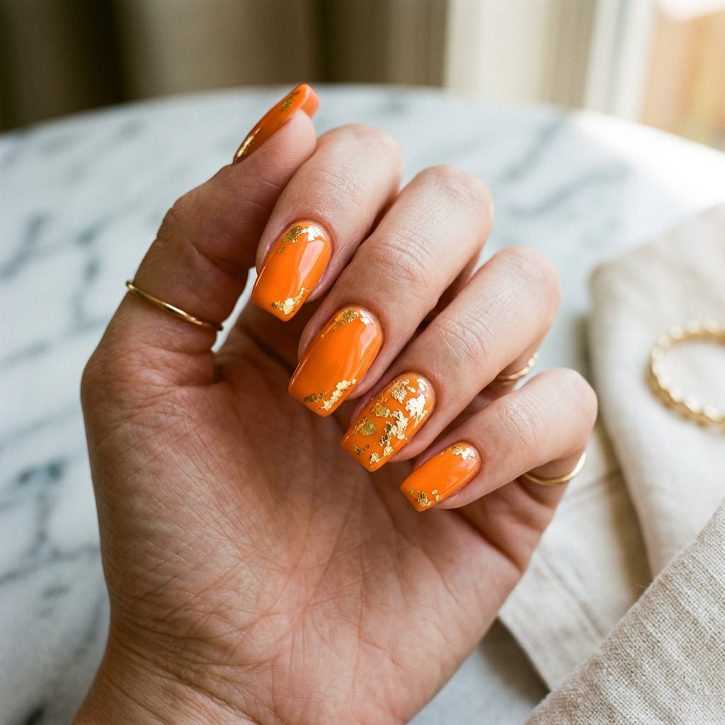 Orange And Gold Foil Nails