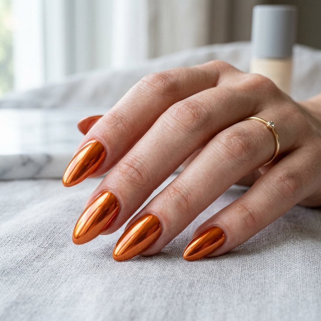 Orange Chrome Almond Nails