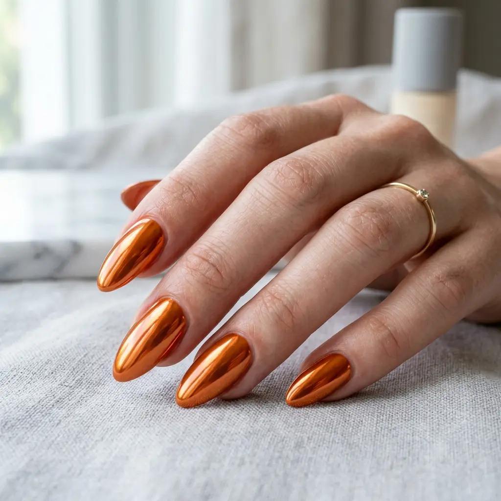 Orange Chrome Almond Nails