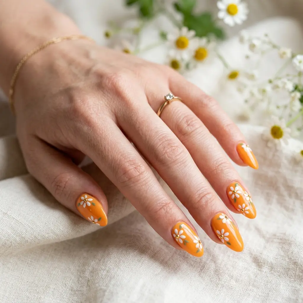 Orange Daisy Almond Nails