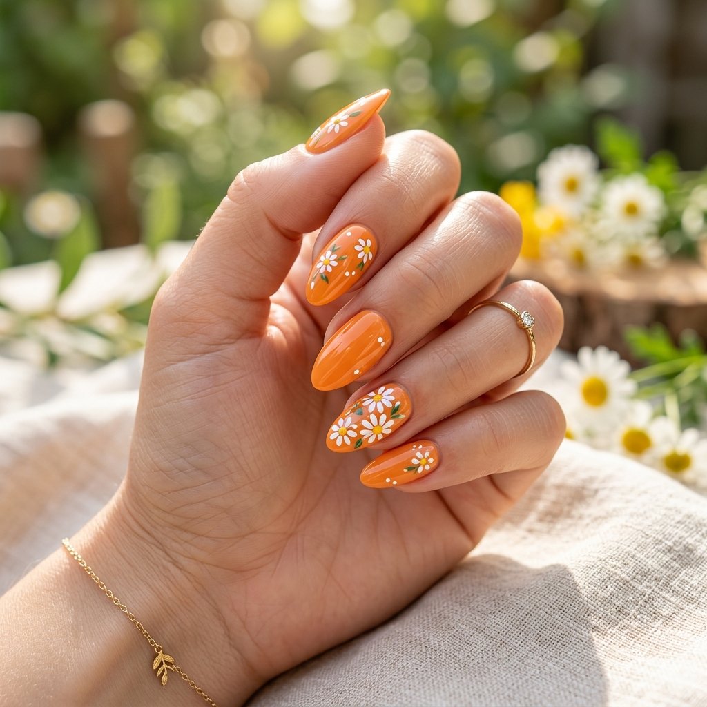 Orange Daisy Nails