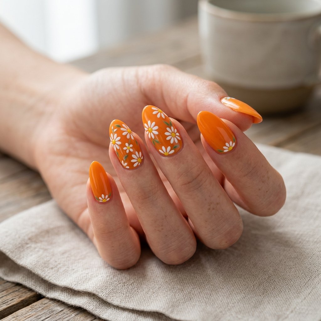 Orange Daisy Nails