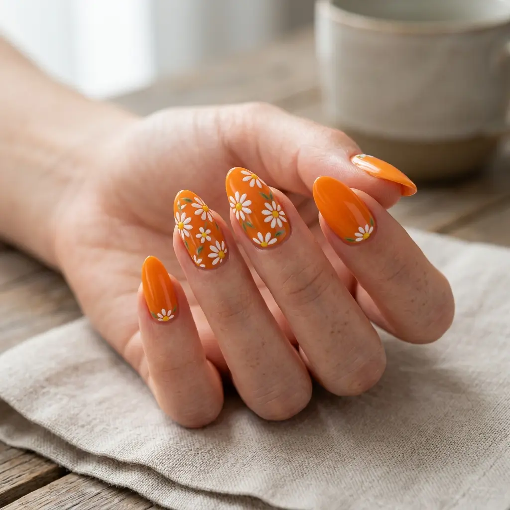 Orange Daisy Nails