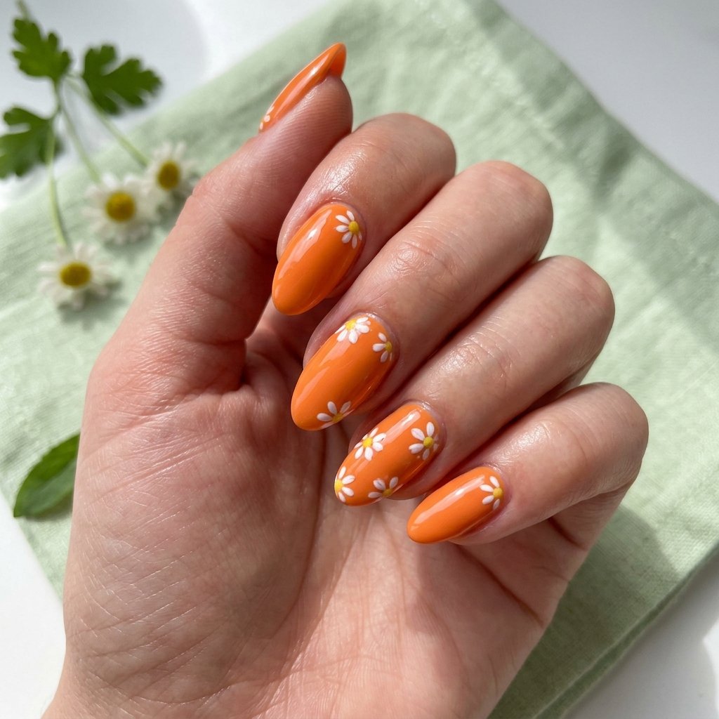 Orange Daisy Nails