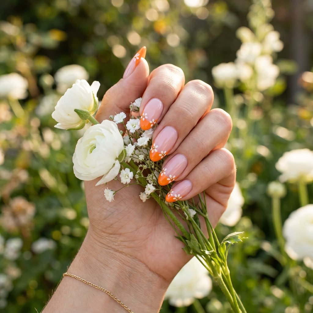 18 Orange French Nails Revealing A Chic Twist On A Classic Look 15 Orange Floral French Nails