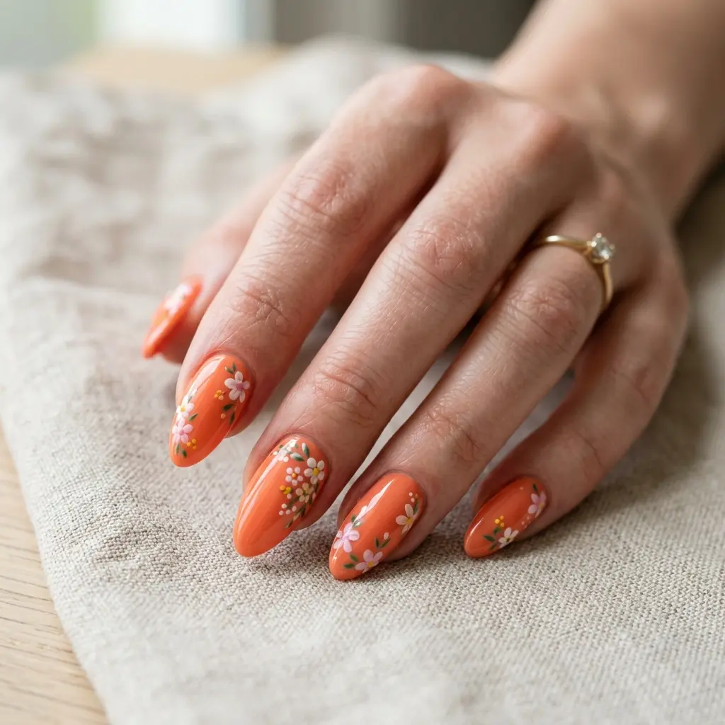 Orange Floral Almond Nails