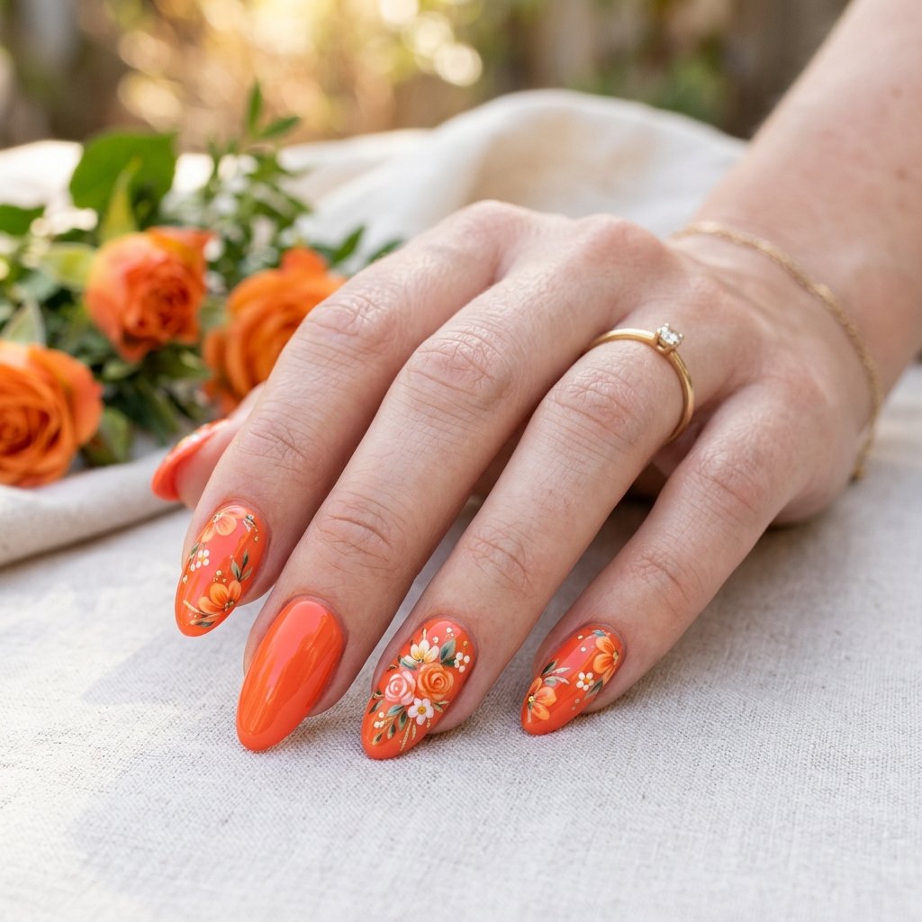 Orange Floral Nails