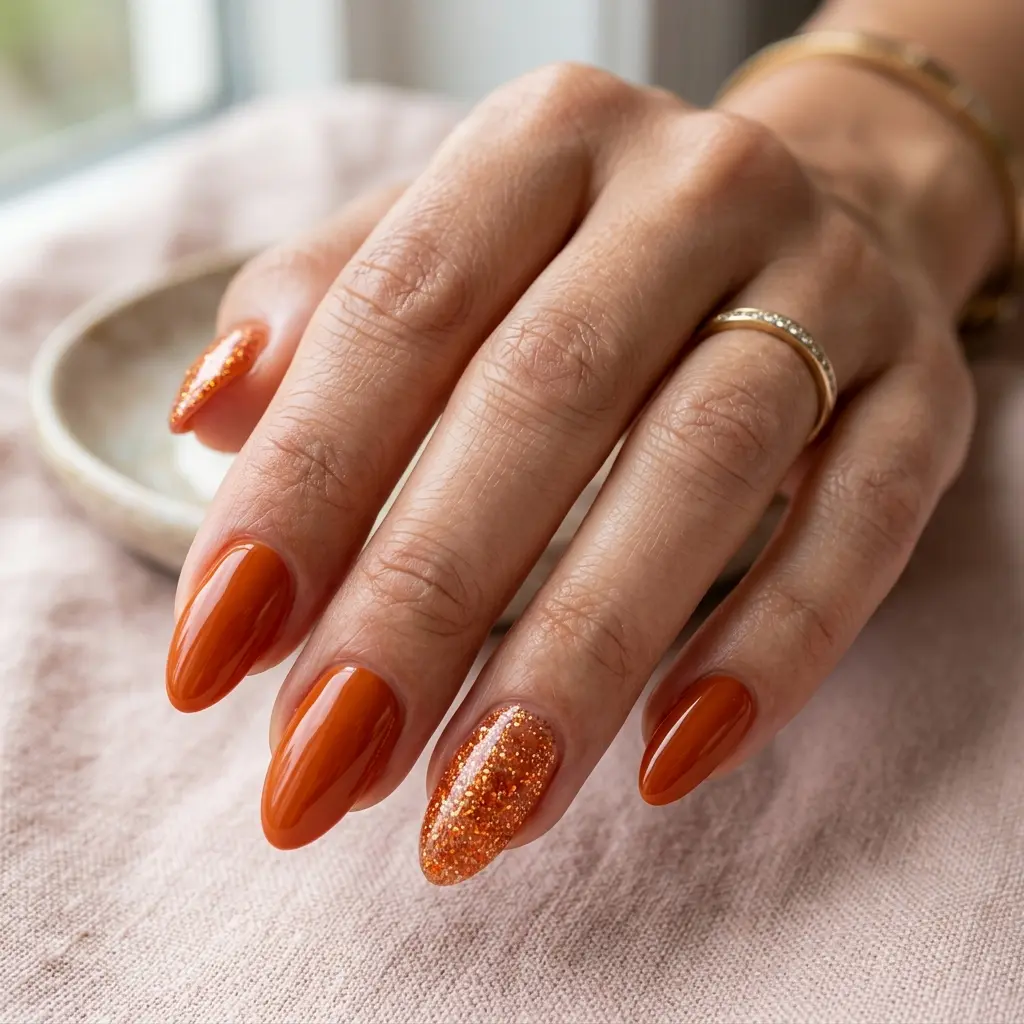 Orange Glitter Accent Nails