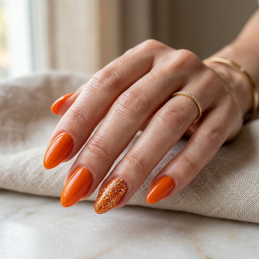 Orange Glitter Accent Nails