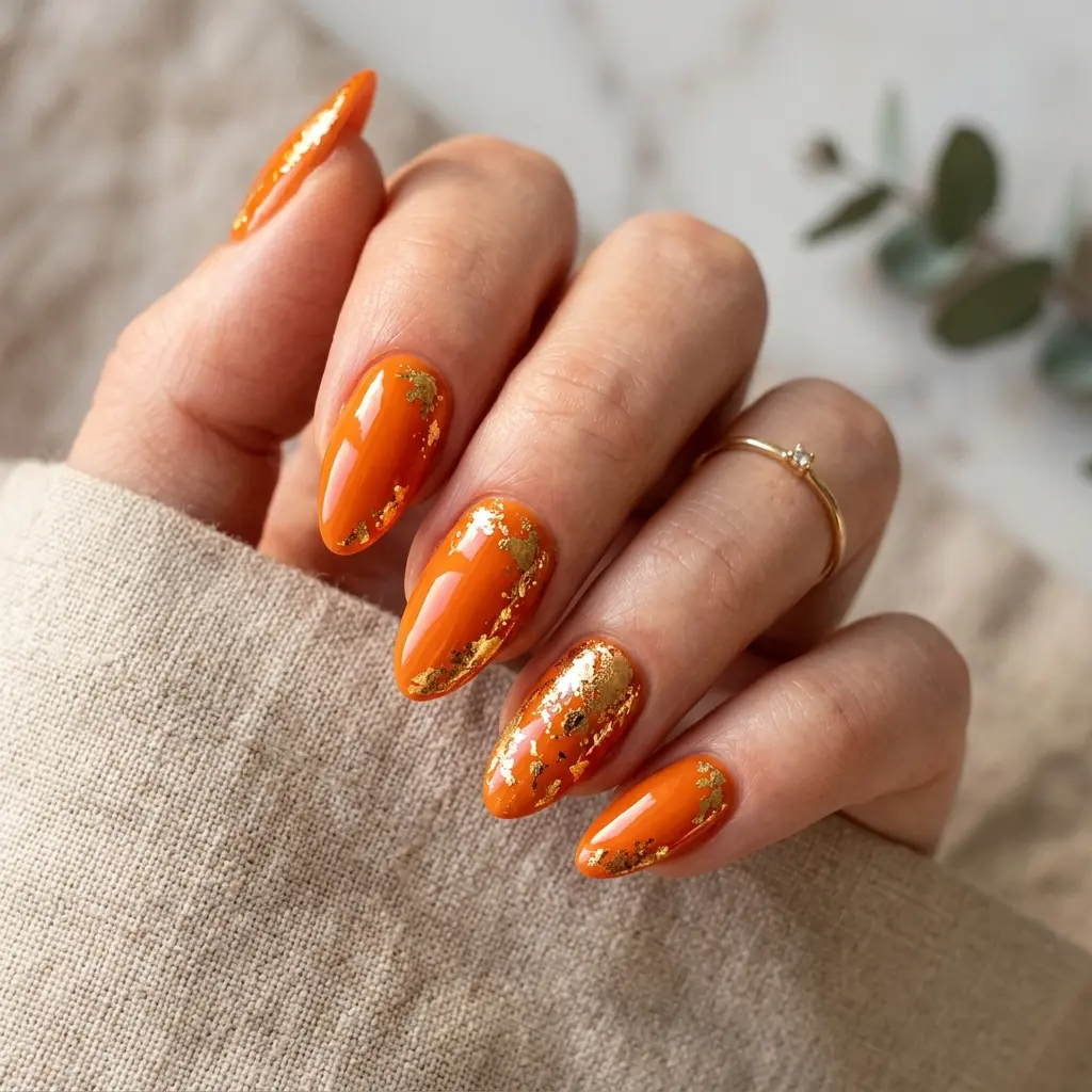 Orange And Gold Foil Nails
