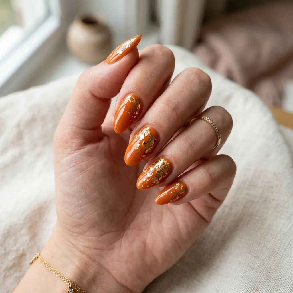 Orange And Gold Foil Nails