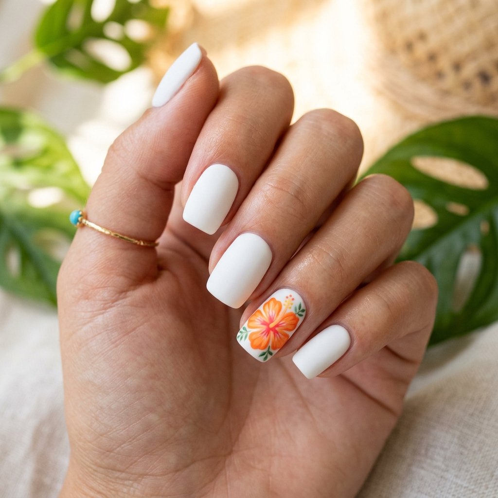 Orange Hibiscus on White Matte Nails