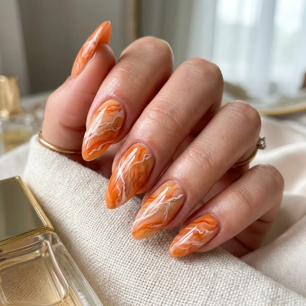 Orange Marble Almond Nails