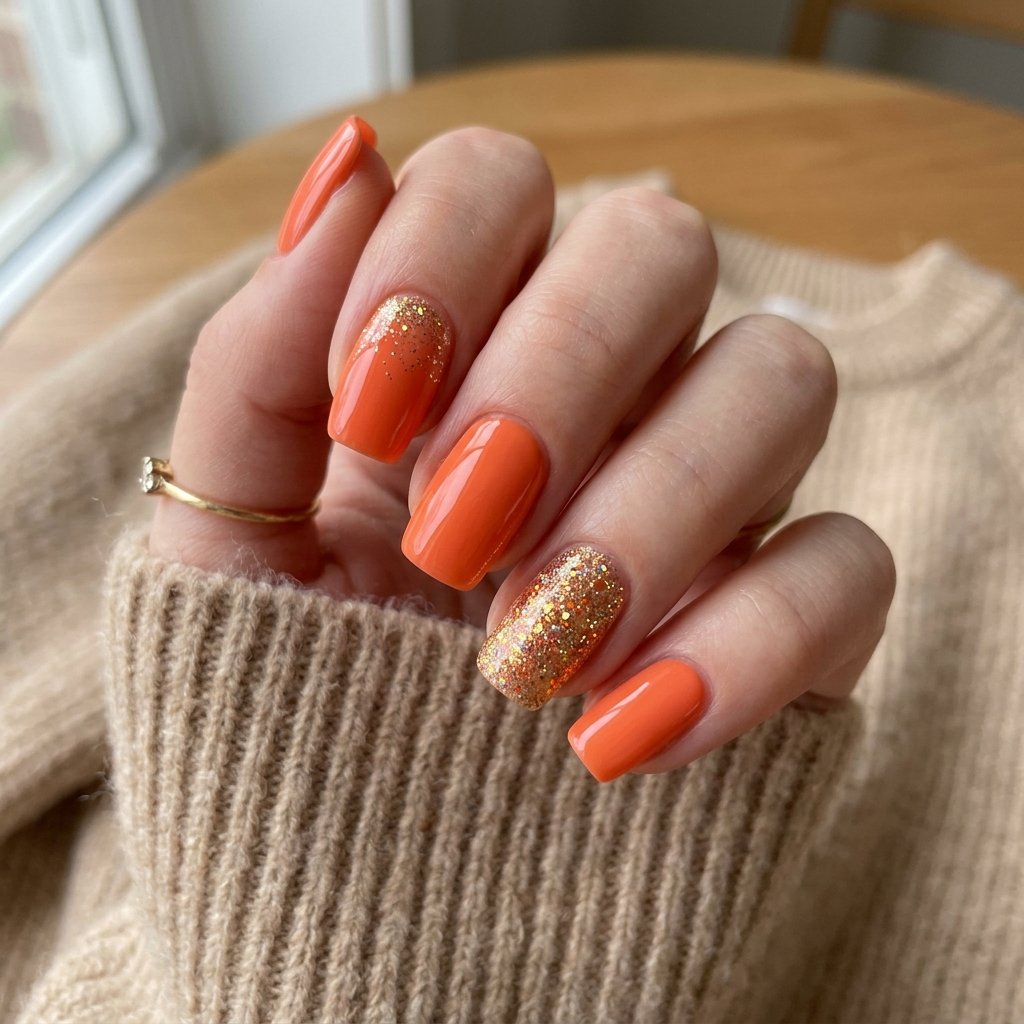 Glitter Accent Orange Nails