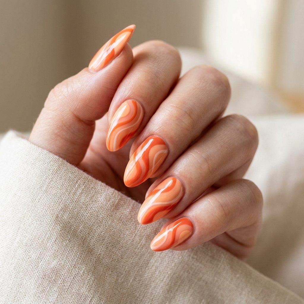 Orange Swirl Almond Nails